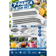 Tasarım Evi Premium 7 Parça Paslanmaz Çelik Metal Pipet Seti - 3 Düz, 3 Eğimli Pipet + Temizleme Fırçası