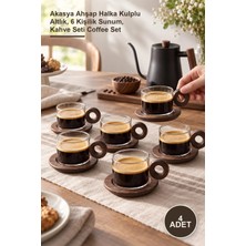 Yenilig 4 Adet Düz Cam Kahve Takımı – Akasya Ahşap Halka Kulplu Altlık, 6 Kişilik Sunum, Kahve Seti Coffee Set
