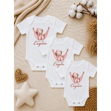 Perfect Mega Store Kişiye Özel Kız Bebek 3’lü Body Seti Pembe Hamakta Uyuyan Ayıcık Temalı Isimli Bebek Zıbını