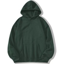 Tarz Yeri Kadın Kapüşonlu Kanguru Cepli 3 Iplik Pamuklu Düz Hoodie Sweatshirt - Haki