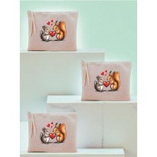 aklow akyoleticaret Kalp ve Sincap Baskılı 3'lü Makyaj Çantası 20X25 Cm, LH9827409235234234
