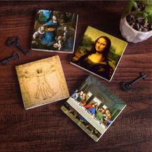 Şanal Pinecone Stone Da Vinci Son Akşam Yemeği, Kayalıklar Bakiresi, Mona Lisa, Vitruvius Adamı Taş Bardak Altlığı Seti - 4 Parça - Dekoratif, Rustik Mutfak Aksesuarı, 10X10 Cm, Kaydırmaz Tabanlı SC171