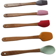 Şanal Silikon Mini Spatula Seti, 5’li Renkli Bambu Saplı – Isıya Dayanıklı Mutfak Spatulası ve Fırça | Yapışmaz Yüzeyler Için | Kek, Pasta ve Yemek Yapımı