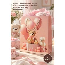 Yenilig 4 Adet Karton Hediye Çantası – Ayıcık Desenli Pembe Büyük Boy, Baby Shower, Kız Bebek Hediyesi, Gift Bag