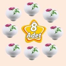 aklow akyoleticaret 8 Adet Pembe Gül Desenli Beyaz Polimer Düğme Kulp, Mantar Mobilya ve Mutfak Dolabı Çekmece Kulbu