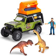 aklow akyoleticaret 203834011 Dino Camper Serbest Tekerlekli Jeep, Işıklı, Sesli, Açılır Kapılar, Yumuşak Lastikler, Merdivenli Kamp Tavanı, Figür, 2 Dinozor, 23 cm