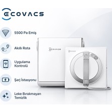 Ecovacs 5500 Pa Cam Silme Robotu, Bataryalı Istasyonlu, Akıllı Rota Planlamalı, Uygulama Kontrollü, Üçlü Püskürtme, 110 Dakikaya Kadar Kullanım, Beyaz
