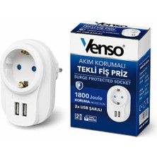 Venso Akım Korumalı Tekli Fiş Priz 1800 Joule Korumalı 2 USB Şarjlı Beyaz