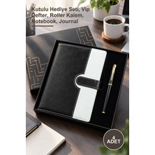 Yenilig 4 Adet Siyah Beyaz Deri Desenli Tarihsiz Ajanda ve Metal Kalem Seti – Kutulu Hediye Seti, Vip Defter, Roller Kalem, Notebook, Journal