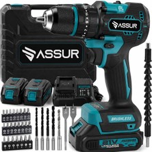 Şanal Assur 21V Darbeli Akülü Matkap, Çift Akülü, Kömürsüz (Brushless) Motor, 13 mm Çelik Mandren, 2 Vites, Profesyonel Vidalama ve Delme Seti, Taşıma Çantalı ASR013