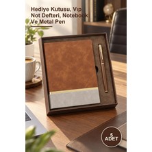 Yenilig 5 Adet Kutulu Taba Deri Desenli Altın Şeritli Defter ve Kahverengi Metal Roller Kalem Seti – Hediye Kutusu, Vıp Not Defteri, Notebook ve Metal Pen