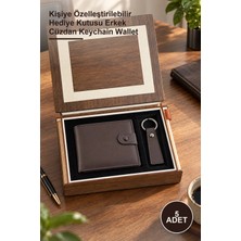Yenilig 5 Adet Ahşap Kutulu Deri Cüzdan ve Anahtarlık Seti – Kişiye Özelleştirilebilir Hediye Kutusu Erkek Cüzdan Keychain Wallet