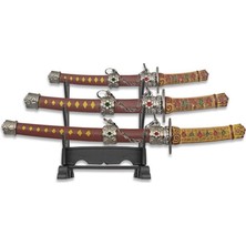 aklow akyoleticaret Japon Temalı 3'lü Mini Katana Samurai Zarf Açacağı ve Masaüstü Dekor Seti – Kaideli Mini Süs Kılıçları, Metal Görünümlü Koleksiyonluk Ofis Aksesuarı, Anime & Oyun Temalı Hediyelik Obje