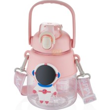 Şanal Vagonlife 1250ML Büyük Boy Uzay Temalı Askılı ve Kulplu Silikon Pipetli Polikarbon Su Matarası (Pembe)