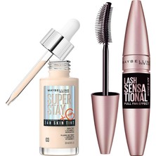 Şanal Maybelline New York Lash Sensational Yelpaze Etkili Intense Black Maskara - Ekstra Siyah & Super Stay Skin Tint Fondöten - 03 Makyaj Seti