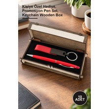 Yenilig 10 Adet Ahşap Kutulu Kırmızı Anahtarlık ve Kalem Seti – Kişiye Özel Hediye, Promosyon Pen Set, Keychain Wooden Box