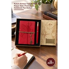 Yenilig 10 Adet Pusula Motifli Deri Defter ve Metal Kalem Seti – Kutulu Kırmızı Yaprak Desenli, Kişiye Özel, Promosyon Notebook Pen Hediye