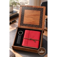 Yenilig 1 Adet Ahşap Kutulu Kırmızı Deri Defter ve Anahtarlık Set – Ahşap Kutu, Kırmızı Deri Tasarım, Kişiye Özel Promosyon, Notebook Keychain