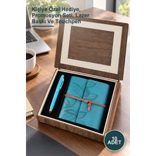 Yenilig 10 Adet Ahşap Kutulu Mavi Deri Defter ve Kalem Seti – Kişiye Özel Hediye, Promosyon Seti, Lazer Baskı ve Touchpen