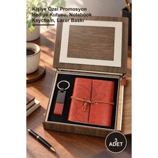 Yenilig 3 Adet Ahşap Kutulu Kahve Deri Defter ve Anahtarlık Set – Kişiye Özel Promosyon Hediye Kutusu, Notebook Keychain, Lazer Baskı