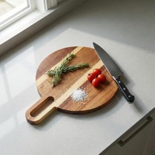 aklow akyoleticaret Doğal Akasya Ahşap Yuvarlak Kesme Tahtası ve Sunum Tepsisi, 21 cm Saplı
