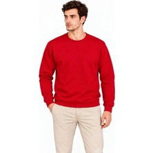 Moda Loris Erkek Bisiklet Yaka Içi Şardonlu 2 Iplik Düz Uzun Kollu Regular Fit Sweatshirt - Kırmızı