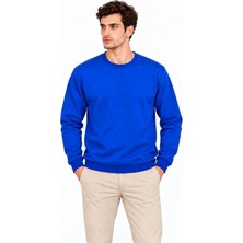 Moda Loris Erkek Bisiklet Yaka Içi Şardonlu 2 Iplik Düz Uzun Kollu Regular Fit Sweatshirt - Mavi