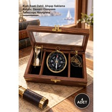 Yenilig 4 Adet Pirinç Pusula ve Teleskop Seti – Kum Saati Dahil, Ahşap Saklama Kutulu, Denizci Compass Telescope Hourglass