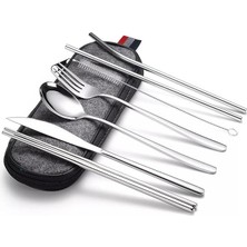 MSP 8 Parça Çantalı Yolculuk Çatal Bıçak Kaşık Pipet Chopstick Seti Kamp Okul Ofis Tatil Paslanmaz Çelik Metal