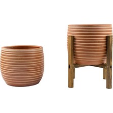 MSP Tasarımı Ev Dekorasyon Yan Çizgi Desenli Terrakota Toprak Saksı Saksılık Salon Çiçeklik Ikili Set Ayaksız - 4 Ayaklı- 15 cm