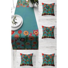 Mandala Nakış Desenli Çiçekli Masa Değişik Ranır Modelleri Dekoratif 4'lü Kırlent Kılıfı Runner Seti, Yeşil-Turuncu 45 x 45