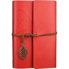 aklow akyoleticaret Retro Vintage Yaprak Baskılı Kolye Uçlu Deri Kapaklı Günlük Not Defteri Özel Tasarım Hediyelik Kırmızı