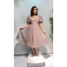 Perfect Mega Store Dans Kol Kısmı Balon Kol Simli Abiye Elbise -1491