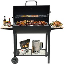 MSP Kömürlü Dikdörtgen Ahşap Sehpalı Bbq Dökme Demir Kömürlü Mangal Barbekü Izgara 1813-24S