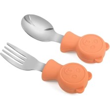 aklow akyoleticaret 304 Çelik Panda Bebek Kaşık Çatal Seti, Bpa Içermez, Ergonomik, Kaymaz, Turuncu