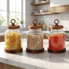MSP 3'lü Ring Serisi Akasya Kapaklı ve Tabanlı Borosilikat Cam Kavanoz Seti - 1100 ml Vakumlu Bakliyat ve Kurabiye Saklama Kabı (20X11.5 Cm)