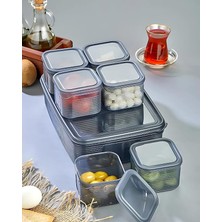 MSP Kapaklı Kahvaltılık Seti, Antrasit, Çizgili Vakumlu Bölmeli Tepsi, 1 Adet 40X23 cm Tepsi ve 6 Adet 10X10X5.3 cm Saklama Kabı, Bpa Free