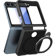 MSP Samsung Galaxy Z Flip 6 Ile Uyumlu Kılıf Karbon Fiber Materyal Stand Özellikli Lens Çerçeveli ve Sararmayan Güçlü Darbe Emici Premium Telefon Kılıfı (Siyah)