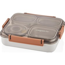 MSP Bento 1200ML Lunchbox Tek Katlı 4 Bölmeli ve Kaseli Çelik Sefer Tası Yemek Kutusu (Turuncu)