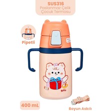MSP ml 316L Paslanmaz Çelik Pipetli Çocuk Termosu Taşıma Kulplu Askılı Çift Duvar -FFR400ML4011 Turuncu