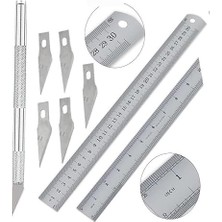 MSP Cetvel 30 cm ve Kretuar Bıçağı 5 Yedek Bıcaklı 1 Adet Paslanmaz Çelik Metal Çetvel 30 Santimetre