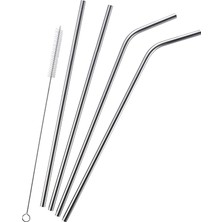 MSP 4'lü Paslanmaz Çelik Pipet ve Temizleme Fırçası, Meşrubat Pipeti, Yüksek Kalite, Çevre Dostu, Yeniden Kullanılabilir Pipet Seti | Içecekler Için Şık ve Hijyenik, 21CM, Gümüş | 29-18