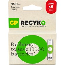 MSP Batteries Recyko 950MAH Aaa Ince Kalem Ni-Mh Şarjlı Pil, 1.2 Volt, 6'lı Kart