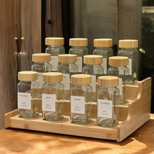 MSP Bambu Kapaklı Kare Formlu Cam Baharatlık Seti 120 ml / 16 Adet Etiket Hediye