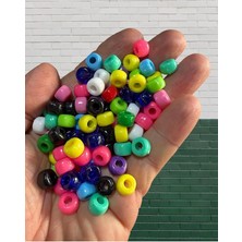 MSP Market Geniş Delikli Karışık Renkli Plastik BONCUK,9X6MM Yassı Silindir Model Takı Boncuğu (25GR,~60 Adet)