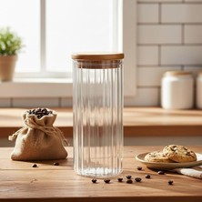 MSP Linie Serisi Bambu Kapaklı Borosilikat Cam Kavanoz - 350 ml Çizgili Vakumlu Baharatlık, Çay ve Kahve Saklama Kabı