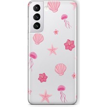MSP Galaxy S21 Fe ile Uyumlu Pembe Deniz Tema Desenli Şeffaf Telefon Kılıfı