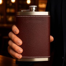 MSP 8 Oz 235 cc Hunili Kızıl Kahverengi Hakiki Deri Kılıflı Çelik Viski Içki Matarası Babalar Günü Hediyesi