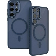 MSP Samsung Galaxy S25 Ultra ile Uyumlu Magsafe Wireless Şarj Özellikli Kamera Standlı Lüks Mat Silikon Kılıf [lens Koruyucu Hediyeli] (Lacivert, Samsung Galaxy S25 Ultra)