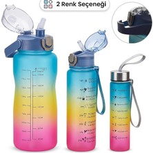 MSP Motivasyonel Matara Seti, Iç Içe Geçebilir Tasarım, 2000ML, 900ML ve 300ML, Gradyan Renk Seçenekleri, Sticker ve Pipet Hediyeli (Gece Yarısı)